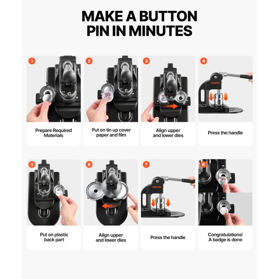 VEVOR Button Maker Machine 1.25"/32 mm Pin Maker 500pcs Button Parts Black, with Circle Cutter, Magic Book, and Hex Wrenches, Ergonomic Handle, for DIY Badges, Pins, Fridge Magnets and Key Chains