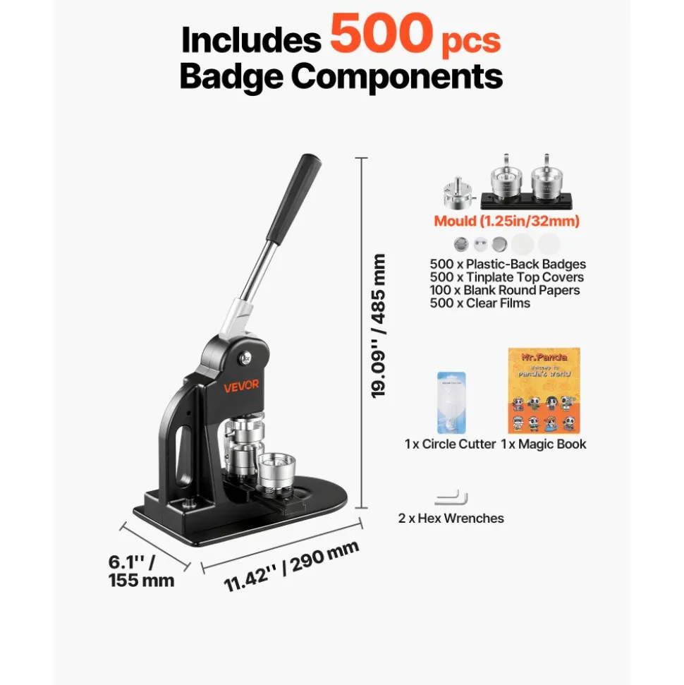 VEVOR Button Maker Machine 1.25"/32 mm Pin Maker 500pcs Button Parts Black, with Circle Cutter, Magic Book, and Hex Wrenches, Ergonomic Handle, for DIY Badges, Pins, Fridge Magnets and Key Chains