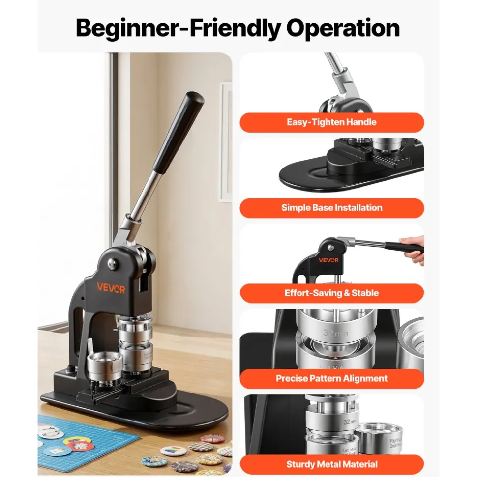 VEVOR Button Maker Machine 1.25"/32 mm Pin Maker 500pcs Button Parts Black, with Circle Cutter, Magic Book, and Hex Wrenches, Ergonomic Handle, for DIY Badges, Pins, Fridge Magnets and Key Chains