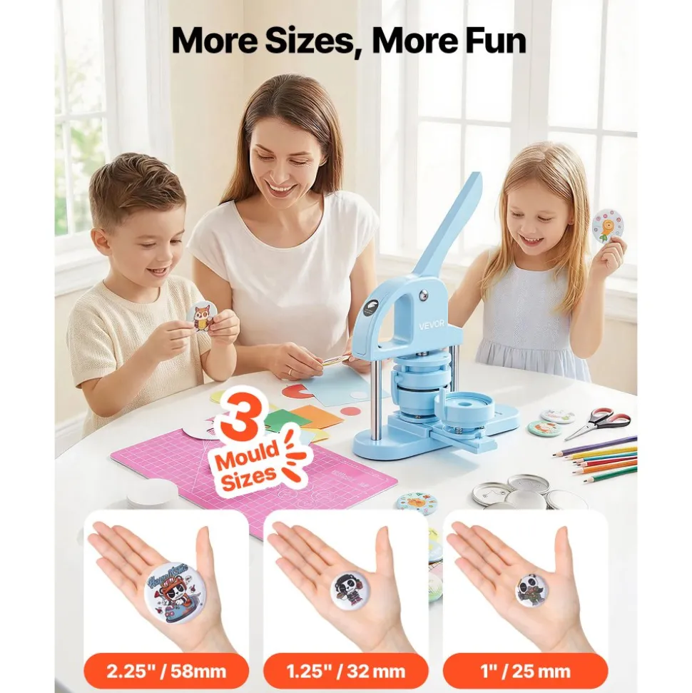 VEVOR Button Maker Machine 1"/1.25"/2.25"(25/32/58 mm) Pin Maker Blue, with 300pcs Button Parts, Circle Cutter and Magic Book, Ergonomic Handle, for DIY Badges, Pins, Fridge Magnets and Key Chains