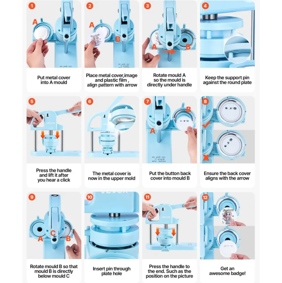 VEVOR Button Maker Machine 1"/1.25"/2.25"(25/32/58 mm) Pin Maker Blue, with 300pcs Button Parts, Circle Cutter and Magic Book, Ergonomic Handle, for DIY Badges, Pins, Fridge Magnets and Key Chains