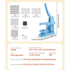 VEVOR Button Maker Machine, 1.97 x 1.97 in Square, Plastic Pin Maker with Tinplate Front Shells, Plastic Back Covers, Magnetic Backings and Transparent Films, Ergonomic Handle, for DIY Badges, Blue