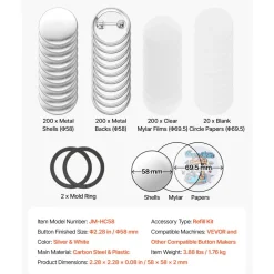 VEVOR Button Maker Supplies 200 Sets 2.28 in / 58 mm Pin Back Button Parts, with Metal Backs, Metal Shells, Clear Mylar Films, and Blank Circle Papers, for Home DIY, School Events, and Custom Studio