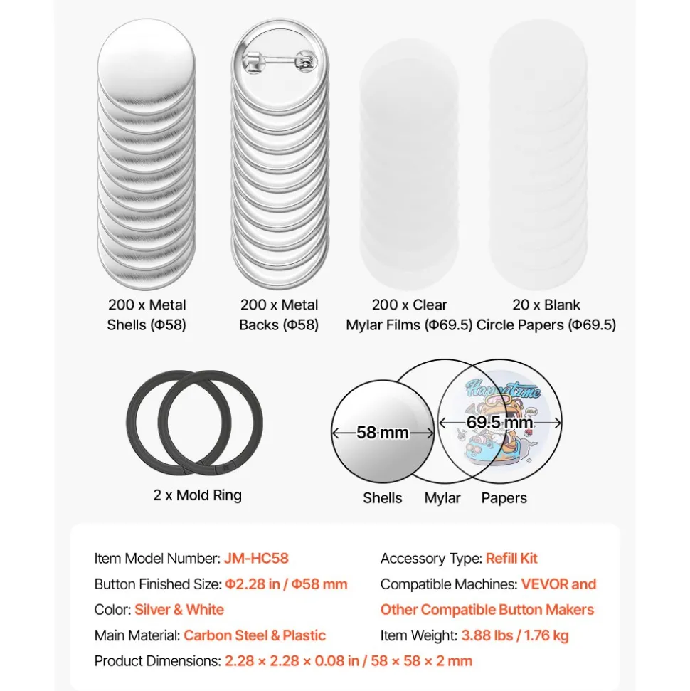 VEVOR Button Maker Supplies 200 Sets 2.28 in / 58 mm Pin Back Button Parts, with Metal Backs, Metal Shells, Clear Mylar Films, and Blank Circle Papers, for Home DIY, School Events, and Custom Studio