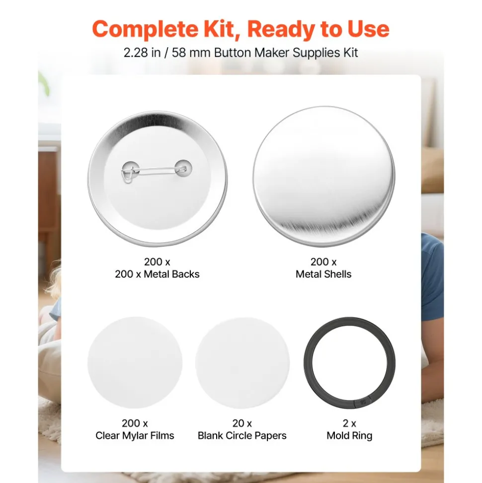VEVOR Button Maker Supplies 200 Sets 2.28 in / 58 mm Pin Back Button Parts, with Metal Backs, Metal Shells, Clear Mylar Films, and Blank Circle Papers, for Home DIY, School Events, and Custom Studio