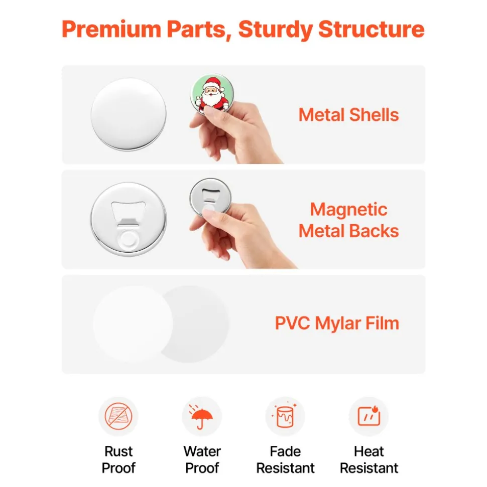 VEVOR Button Maker Supplies 50 Sets 2.28 in / 58 mm Magnet Button Parts, with Magnetic and Bottle Opener Backs, Metal Shells, Clear Mylar Films, and Blank Circle Papers, for Home DIY, Kitchen Decor