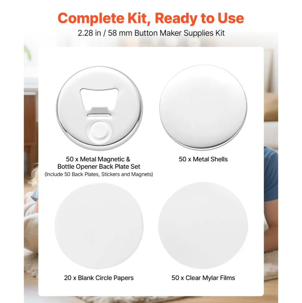 VEVOR Button Maker Supplies 50 Sets 2.28 in / 58 mm Magnet Button Parts, with Magnetic and Bottle Opener Backs, Metal Shells, Clear Mylar Films, and Blank Circle Papers, for Home DIY, Kitchen Decor