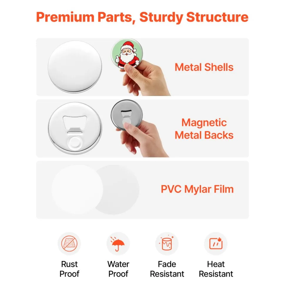 VEVOR Button Maker Supplies 50 Sets 2.95 in / 75 mm Magnet Button Parts, with Magnetic and Bottle Opener Backs, Metal Shells, Clear Mylar Films, and Blank Circle Papers, for Home DIY, Kitchen Decor