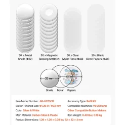 VEVOR Button Maker Supplies 50 Sets 1.26 in / 32 mm Refrigerator Magnets, Button Parts with Magnetic Backs, Metal Shells, Clear Mylar Films, and Blank Circle Papers, for Home DIY and Kitchen Decor