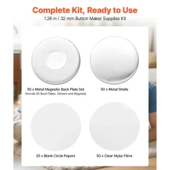 VEVOR Button Maker Supplies 50 Sets 1.26 in / 32 mm Refrigerator Magnets, Button Parts with Magnetic Backs, Metal Shells, Clear Mylar Films, and Blank Circle Papers, for Home DIY and Kitchen Decor
