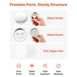 VEVOR Button Maker Supplies 100 Sets 2.95 in / 75 mm Pin Back Button Parts, with Metal Backs, Metal Shells, Clear Mylar Films, and Blank Circle Papers, for Home DIY, School Events, and Custom Studio
