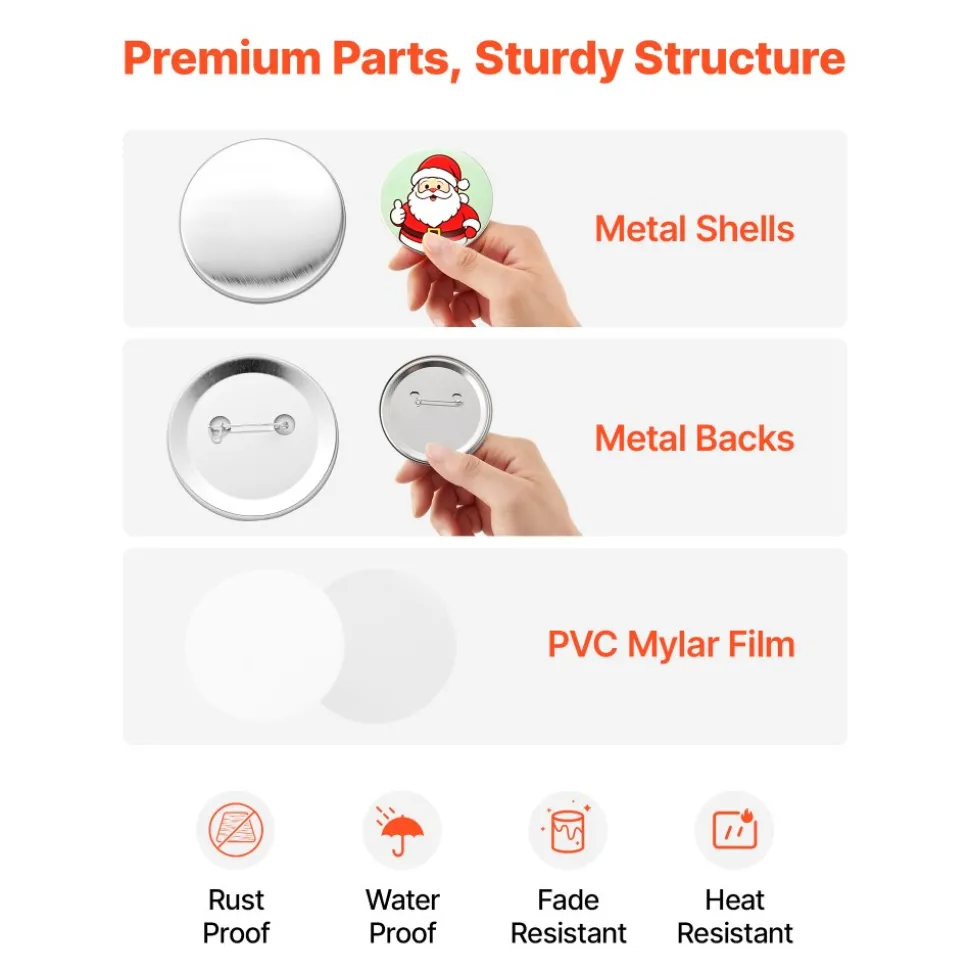 VEVOR Button Maker Supplies 100 Sets 2.95 in / 75 mm Pin Back Button Parts, with Metal Backs, Metal Shells, Clear Mylar Films, and Blank Circle Papers, for Home DIY, School Events, and Custom Studio