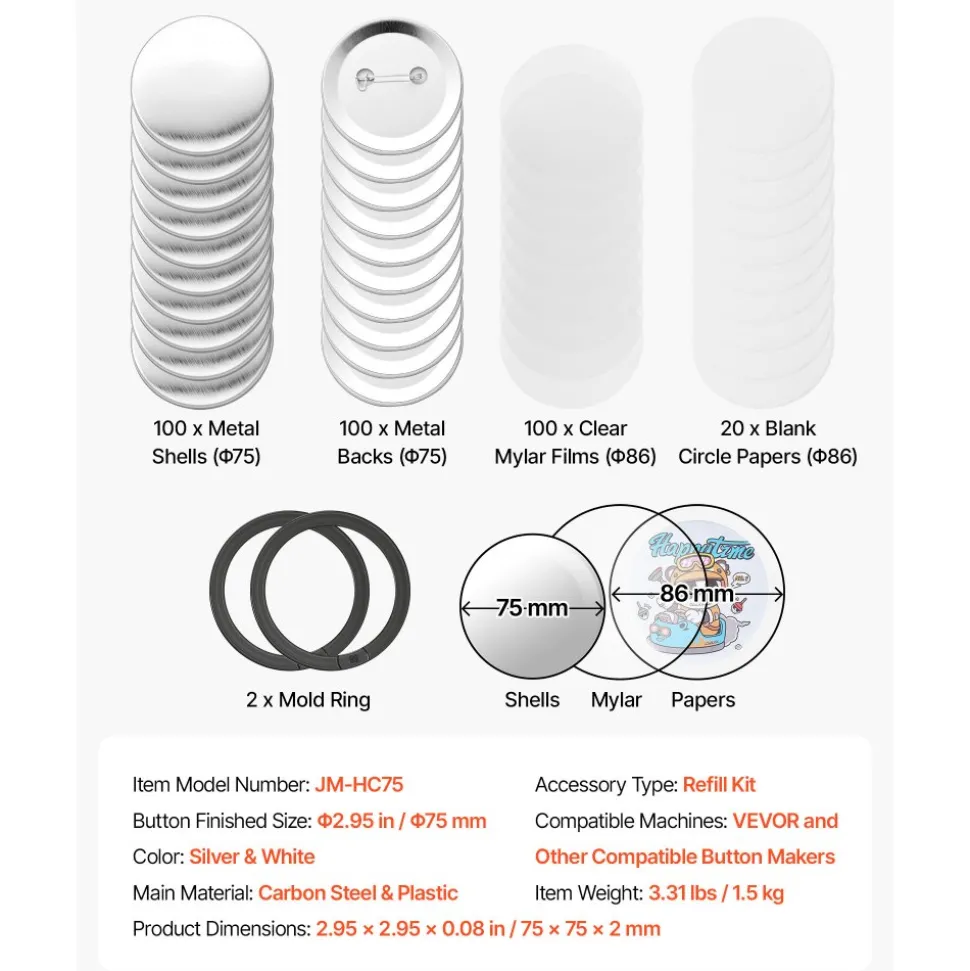 VEVOR Button Maker Supplies 100 Sets 2.95 in / 75 mm Pin Back Button Parts, with Metal Backs, Metal Shells, Clear Mylar Films, and Blank Circle Papers, for Home DIY, School Events, and Custom Studio