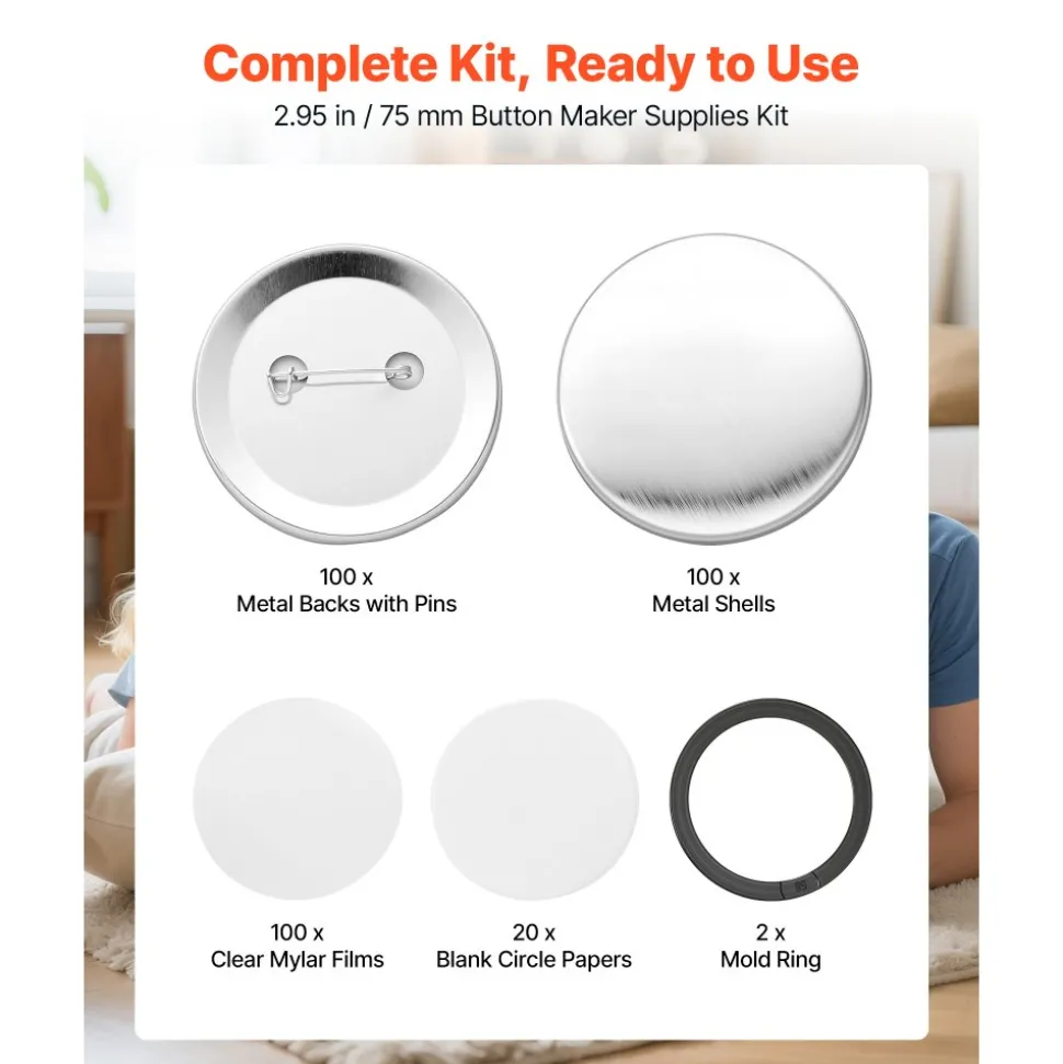 VEVOR Button Maker Supplies 100 Sets 2.95 in / 75 mm Pin Back Button Parts, with Metal Backs, Metal Shells, Clear Mylar Films, and Blank Circle Papers, for Home DIY, School Events, and Custom Studio