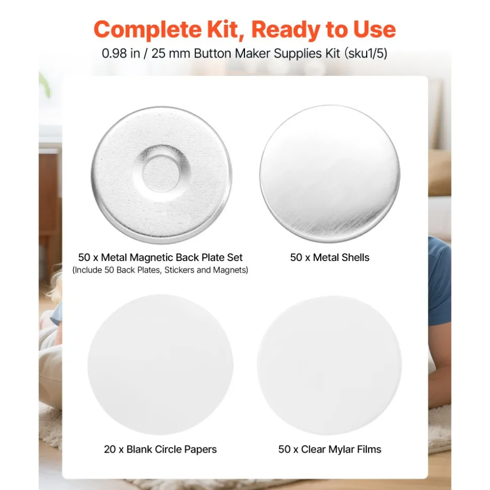 VEVOR Button Maker Supplies 50 Sets 0.98 in / 25 mm Refrigerator Magnets, Button Parts with Magnetic Backs, Metal Shells, Clear Mylar Films, and Blank Circle Papers, for Home DIY and Kitchen Decor