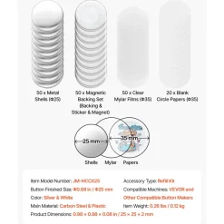 VEVOR Button Maker Supplies 50 Sets 0.98 in / 25 mm Refrigerator Magnets, Button Parts with Magnetic Backs, Metal Shells, Clear Mylar Films, and Blank Circle Papers, for Home DIY and Kitchen Decor