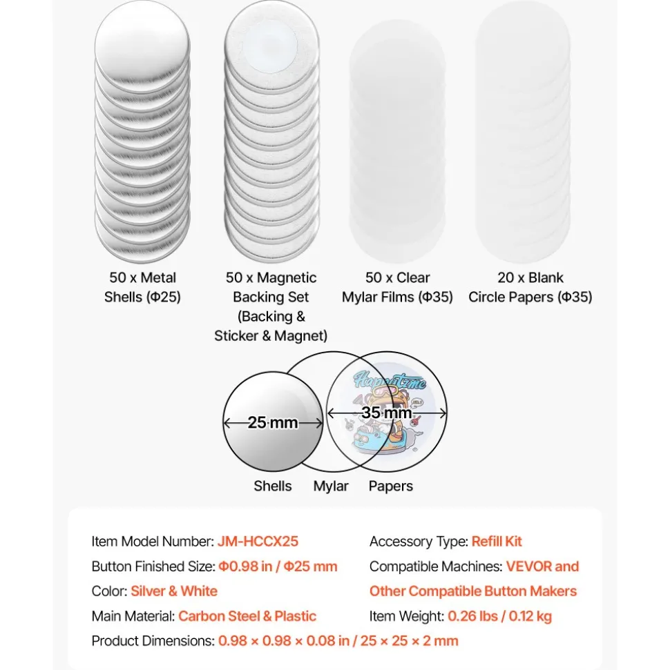 VEVOR Button Maker Supplies 50 Sets 0.98 in / 25 mm Refrigerator Magnets, Button Parts with Magnetic Backs, Metal Shells, Clear Mylar Films, and Blank Circle Papers, for Home DIY and Kitchen Decor