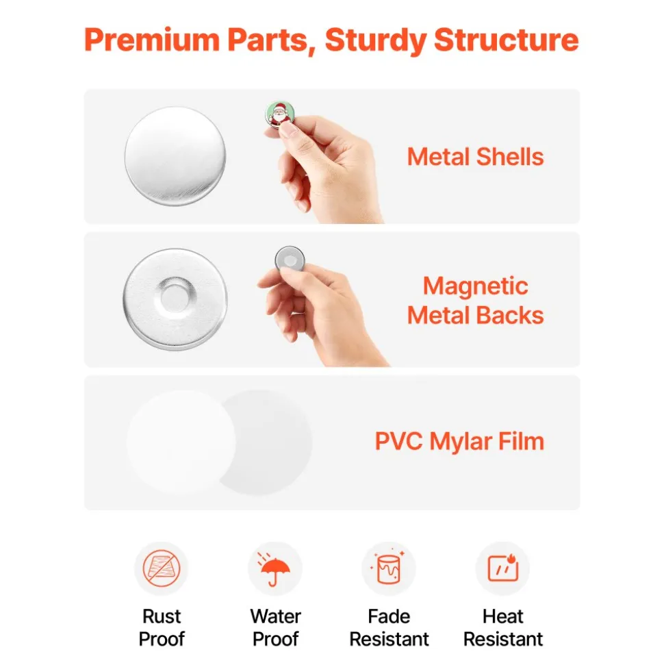 VEVOR Button Maker Supplies 50 Sets 0.98 in / 25 mm Refrigerator Magnets, Button Parts with Magnetic Backs, Metal Shells, Clear Mylar Films, and Blank Circle Papers, for Home DIY and Kitchen Decor