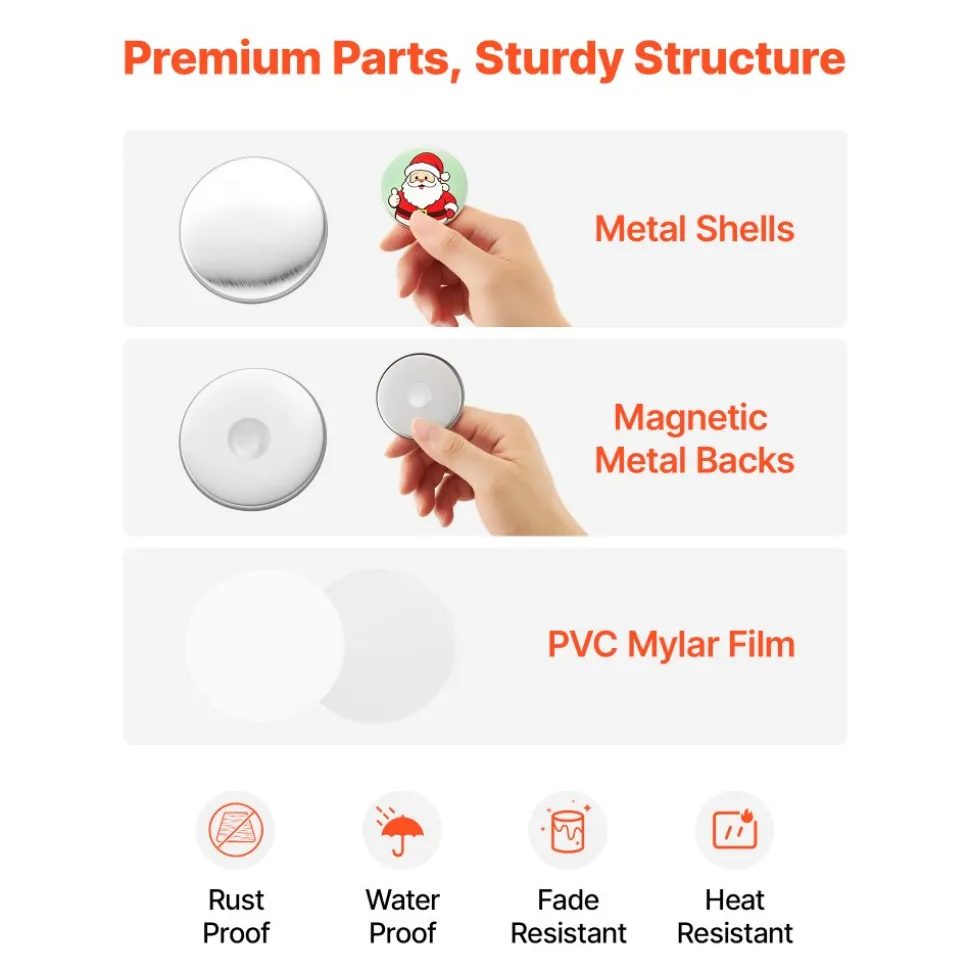 VEVOR Button Maker Supplies 50 Sets 2.28 in / 58 mm Refrigerator Magnets, Bottle Openers, and Keychains Button Parts with Backs, Shells, Clear Mylar Films, and Blank Circle Papers, for Home DIY