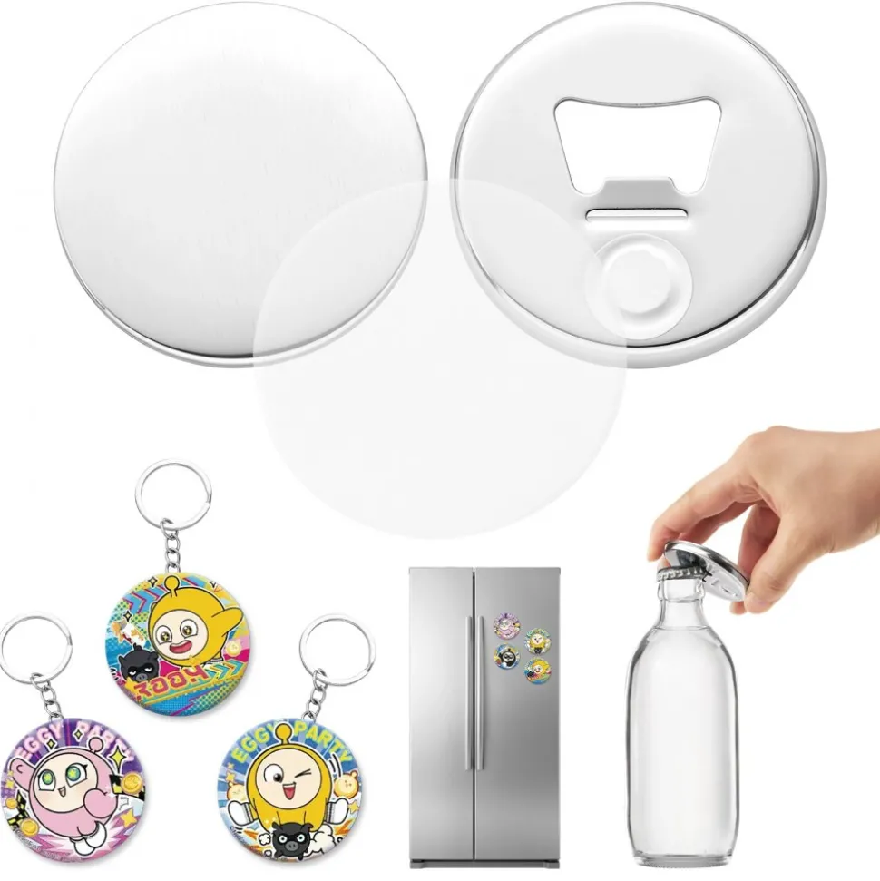 VEVOR Button Maker Supplies 50 Sets 2.28 in / 58 mm Refrigerator Magnets, Bottle Openers, and Keychains Button Parts with Backs, Shells, Clear Mylar Films, and Blank Circle Papers, for Home DIY
