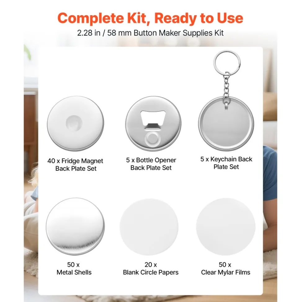 VEVOR Button Maker Supplies 50 Sets 2.28 in / 58 mm Refrigerator Magnets, Bottle Openers, and Keychains Button Parts with Backs, Shells, Clear Mylar Films, and Blank Circle Papers, for Home DIY