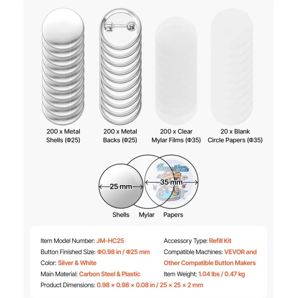 VEVOR Button Maker Supplies 200 Sets 0.98 in / 25 mm Pin Back Button Parts, with Metal Backs, Metal Shells, Clear Mylar Films, and Blank Circle Papers, for Home DIY, School Events, and Custom Studio