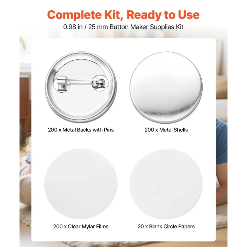 VEVOR Button Maker Supplies 200 Sets 0.98 in / 25 mm Pin Back Button Parts, with Metal Backs, Metal Shells, Clear Mylar Films, and Blank Circle Papers, for Home DIY, School Events, and Custom Studio