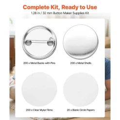 VEVOR Button Maker Supplies 200 Sets 1.26 in / 32 mm Pin Back Button Parts, with Metal Backs, Metal Shells, Clear Mylar Films, and Blank Circle Papers, for Home DIY, School Events, and Custom Studio
