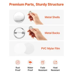 VEVOR Button Maker Supplies 200 Sets 1.26 in / 32 mm Pin Back Button Parts, with Metal Backs, Metal Shells, Clear Mylar Films, and Blank Circle Papers, for Home DIY, School Events, and Custom Studio