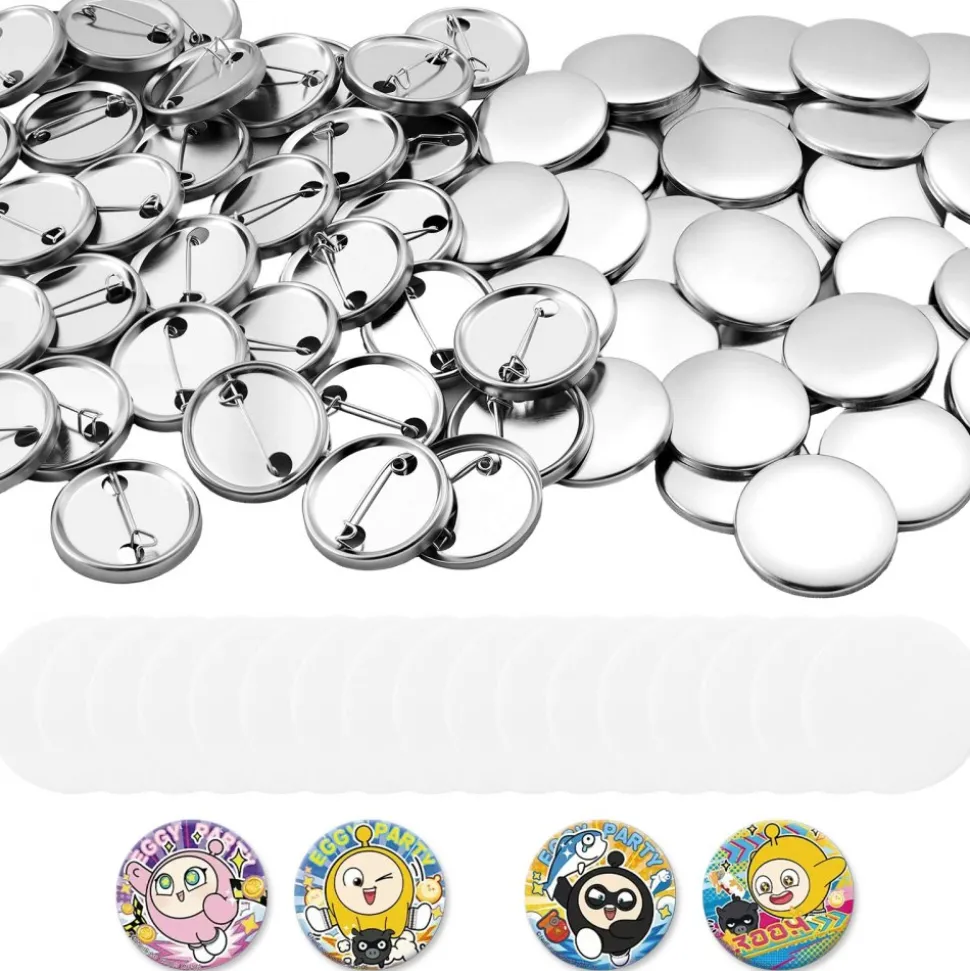 VEVOR Button Maker Supplies 200 Sets 1.26 in / 32 mm Pin Back Button Parts, with Metal Backs, Metal Shells, Clear Mylar Films, and Blank Circle Papers, for Home DIY, School Events, and Custom Studio