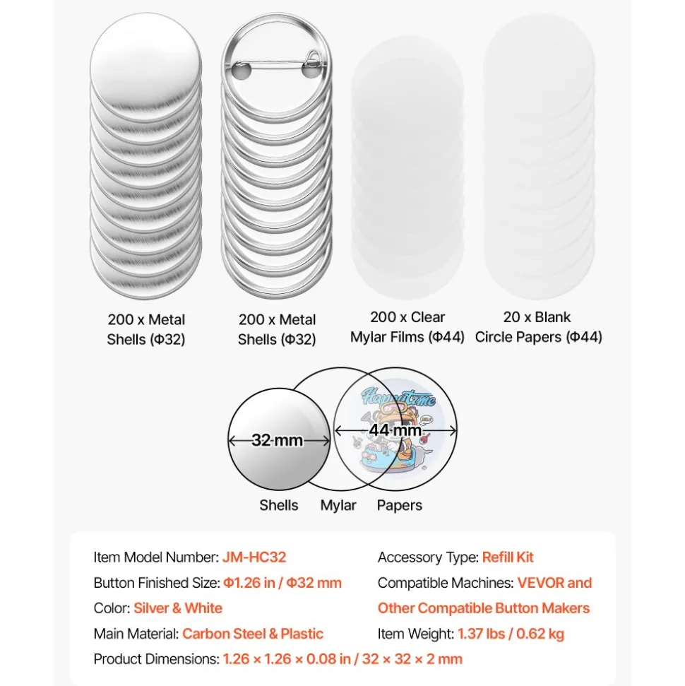 VEVOR Button Maker Supplies 200 Sets 1.26 in / 32 mm Pin Back Button Parts, with Metal Backs, Metal Shells, Clear Mylar Films, and Blank Circle Papers, for Home DIY, School Events, and Custom Studio