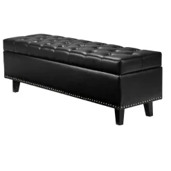 VEVOR Button-Tufted Storage Ottoman Bench, PU Leather Bench with Storage and Solid Wood Legs, Modern Shoe Benches Seat for Entryway, Upholstered End of Bed Benches for Living Room, Dining Room, Black