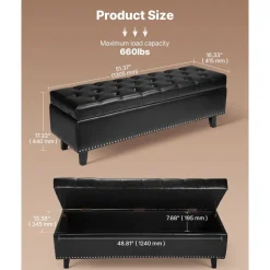 VEVOR Button-Tufted Storage Ottoman Bench, PU Leather Bench with Storage and Solid Wood Legs, Modern Shoe Benches Seat for Entryway, Upholstered End of Bed Benches for Living Room, Dining Room, Black