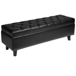 VEVOR Button-Tufted Storage Ottoman Bench, PU Leather Bench with Storage and Solid Wood Legs, Modern Shoe Benches Seat for Entryway, Upholstered End of Bed Benches for Living Room, Dining Room, Black
