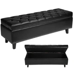 VEVOR Button-Tufted Storage Ottoman Bench, PU Leather Bench with Storage and Solid Wood Legs, Modern Shoe Benches Seat for Entryway, Upholstered End of Bed Benches for Living Room, Dining Room, Black