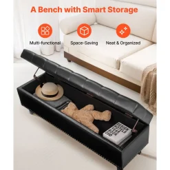VEVOR Button-Tufted Storage Ottoman Bench, PU Leather Bench with Storage and Solid Wood Legs, Modern Shoe Benches Seat for Entryway, Upholstered End of Bed Benches for Living Room, Dining Room, Black