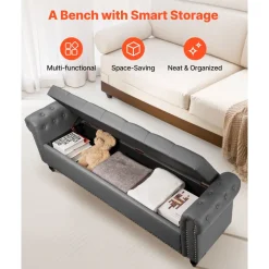 VEVOR Button-Tufted Storage Ottoman Bench, PU Leather Bench with Storage and Solid Wood Legs, Modern Shoe Benches Seat for Entryway, Upholstered End of Bed Benches for Living Room, Dining Room, Gray