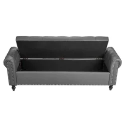 VEVOR Button-Tufted Storage Ottoman Bench, PU Leather Bench with Storage and Solid Wood Legs, Modern Shoe Benches Seat for Entryway, Upholstered End of Bed Benches for Living Room, Dining Room, Gray
