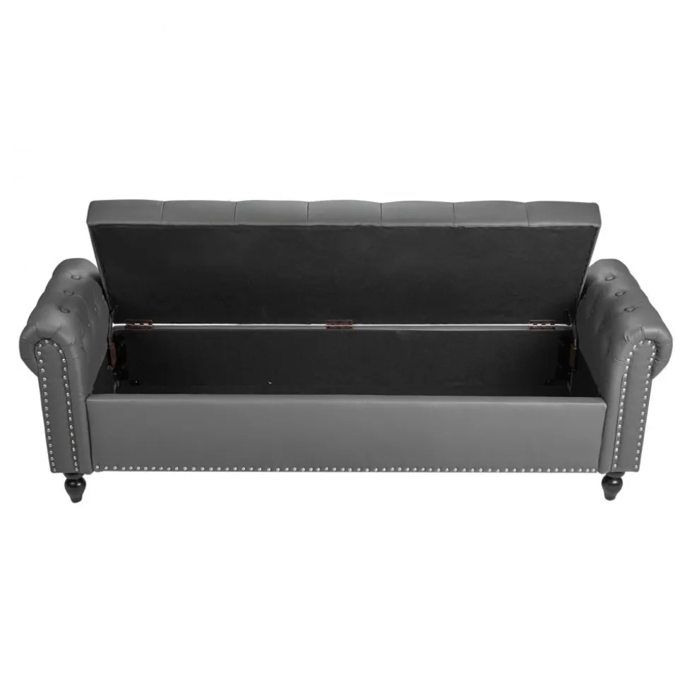 VEVOR Button-Tufted Storage Ottoman Bench, PU Leather Bench with Storage and Solid Wood Legs, Modern Shoe Benches Seat for Entryway, Upholstered End of Bed Benches for Living Room, Dining Room, Gray