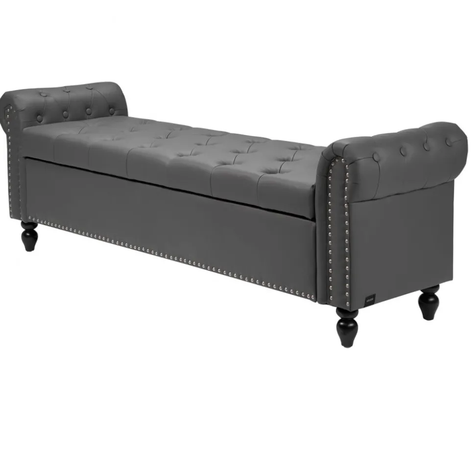 VEVOR Button-Tufted Storage Ottoman Bench, PU Leather Bench with Storage and Solid Wood Legs, Modern Shoe Benches Seat for Entryway, Upholstered End of Bed Benches for Living Room, Dining Room, Gray