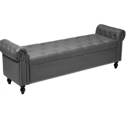 VEVOR Button-Tufted Storage Ottoman Bench, PU Leather Bench with Storage and Solid Wood Legs, Modern Shoe Benches Seat for Entryway, Upholstered End of Bed Benches for Living Room, Dining Room, Gray