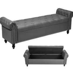 VEVOR Button-Tufted Storage Ottoman Bench, PU Leather Bench with Storage and Solid Wood Legs, Modern Shoe Benches Seat for Entryway, Upholstered End of Bed Benches for Living Room, Dining Room, Gray