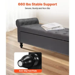 VEVOR Button-Tufted Storage Ottoman Bench, PU Leather Bench with Storage and Solid Wood Legs, Modern Shoe Benches Seat for Entryway, Upholstered End of Bed Benches for Living Room, Dining Room, Gray