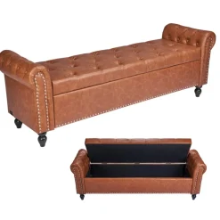 VEVOR Button-Tufted Storage Ottoman Bench, Rolled Arm PU Leather Bench with Solid Wood Legs, Modern Shoe Benches Seat for Entryway, Upholstered End of Bed Benches for Living Room, Dining Room, Brown