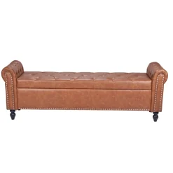 VEVOR Button-Tufted Storage Ottoman Bench, Rolled Arm PU Leather Bench with Solid Wood Legs, Modern Shoe Benches Seat for Entryway, Upholstered End of Bed Benches for Living Room, Dining Room, Brown