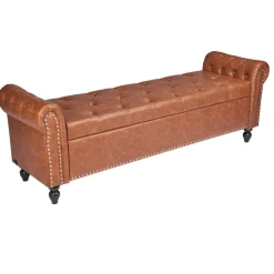 VEVOR Button-Tufted Storage Ottoman Bench, Rolled Arm PU Leather Bench with Solid Wood Legs, Modern Shoe Benches Seat for Entryway, Upholstered End of Bed Benches for Living Room, Dining Room, Brown