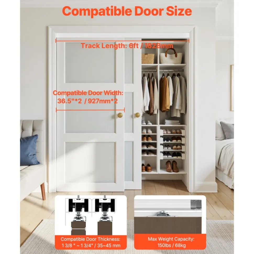 VEVOR Bypass Door Hardware, 6ft Heavy Duty Bypass Sliding Door Hardware Kit, Aluminum Alloy Sliding Closet Door Hardware Set for 2 Door System, Fit Door Thickness 1 3/8 " - 1 3/4", Easy to Install
