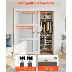 VEVOR Bypass Door Hardware, 5ft Heavy Duty Bypass Sliding Door Hardware Kit, Aluminum Alloy Sliding Closet Door Hardware Set for 2 Door System, Fit Door Thickness 1 3/8 