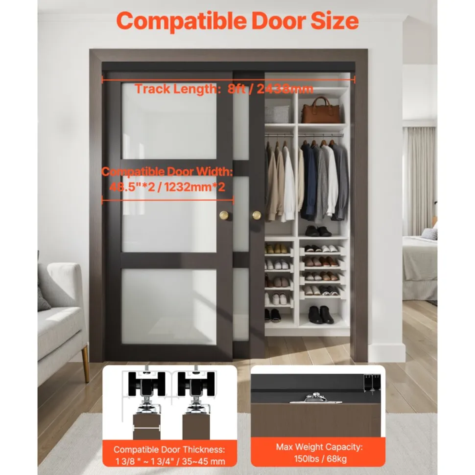 VEVOR Bypass Door Hardware, 8ft Heavy Duty Bypass Sliding Door Hardware Kit, Aluminum Alloy Sliding Closet Door Hardware Set with Finger Pulls, for 2 Door System, Fit Door Thickness 1 3/8" - 1 3/4"