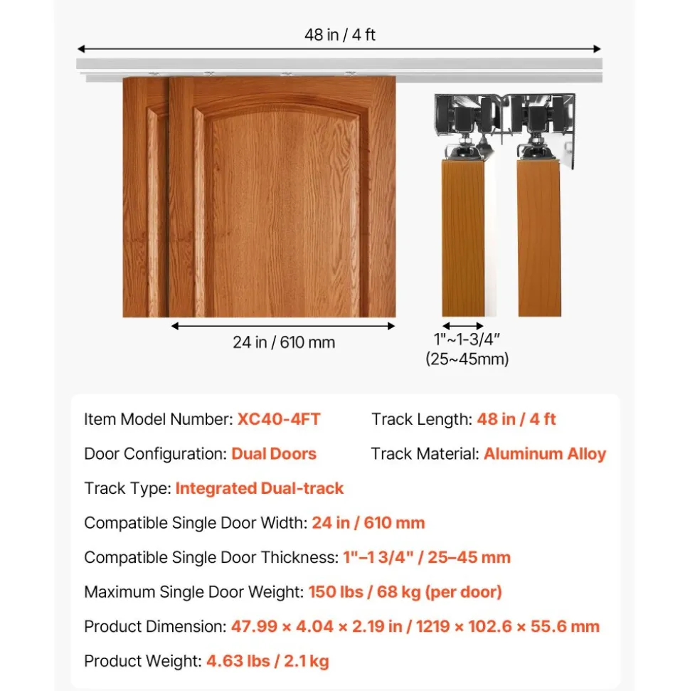 VEVOR Bypass Sliding Door Hardware Kit, 4 ft Aluminum Alloy Dual-Track Bypass Door Hardware, Smooth and Quiet Sliding, Easy to Install, for 1" to 1 3/4" Thickness 24" Width 2 Door System, for Closet